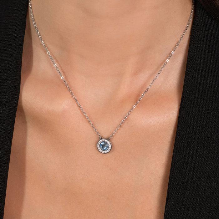 COLLIER FEMME EN ACIER AVEC ÉLÉMENT EN CRISTAL AIGUE-MARINE ET CRISTAUX BLANCS
