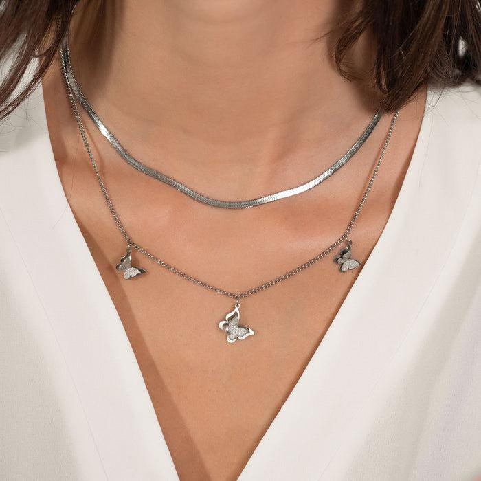 COLLIER FEMME EN ACIER AVEC PAPILLONS EN CRISTAUX BLANCS