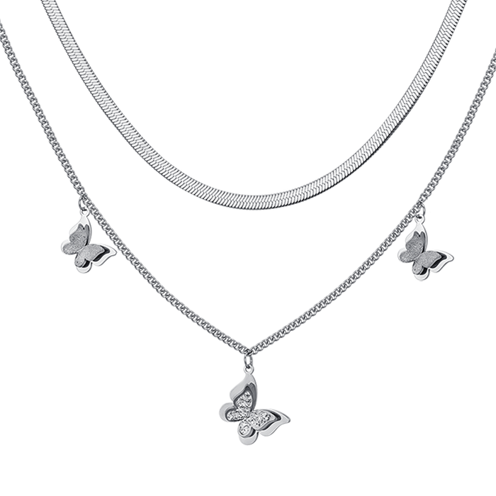 COLLIER FEMME EN ACIER AVEC PAPILLONS EN CRISTAUX BLANCS
