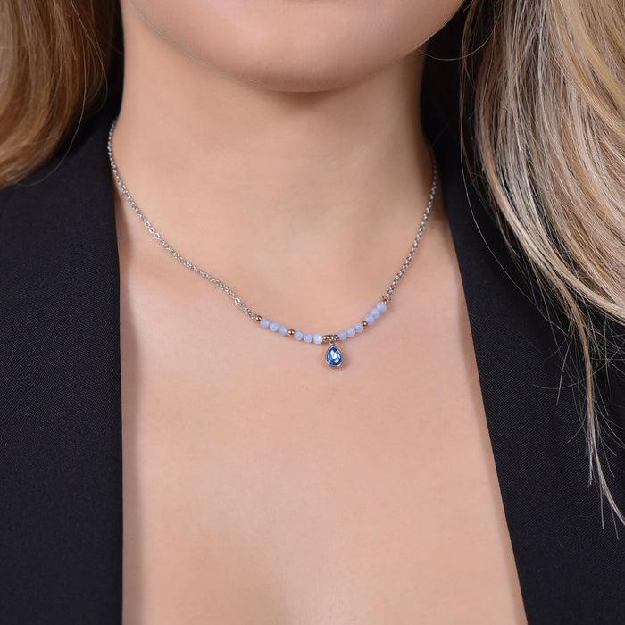 COLLIER FEMME EN ACIER AVEC AGATE BLEUE