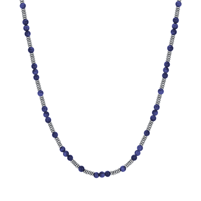 COLLIER EN ACIER POUR HOMME AVEC PIERRES BLEUES ET ÉLÉMENTS EN ACIER