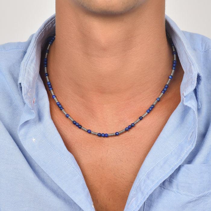 COLLIER EN ACIER POUR HOMME AVEC PIERRES BLEUES ET ÉLÉMENTS EN ACIER