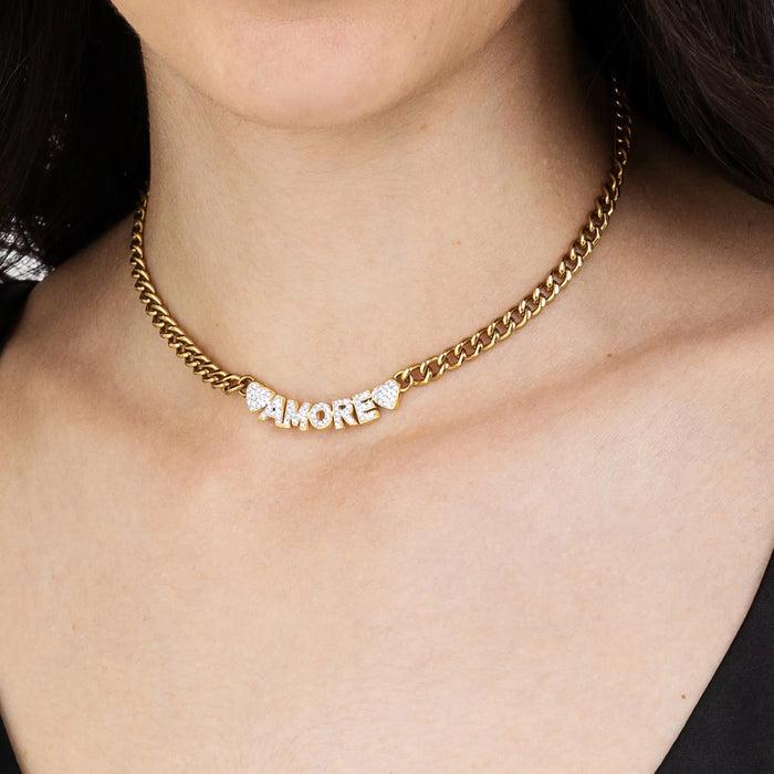 COLLIER FEMME EN ACIER DORÉ AMOUR AVEC CRISTAUX BLANCS