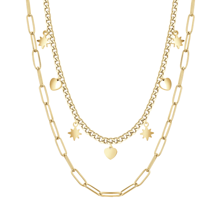 COLLIER FEMME EN ACIER DORÉ IP MULTI-SOUCHE AVEC ÉTOILES ET CŒURS