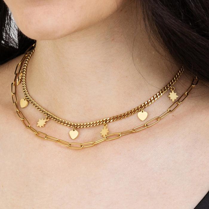 COLLIER FEMME EN ACIER DORÉ IP MULTI-SOUCHE AVEC ÉTOILES ET CŒURS