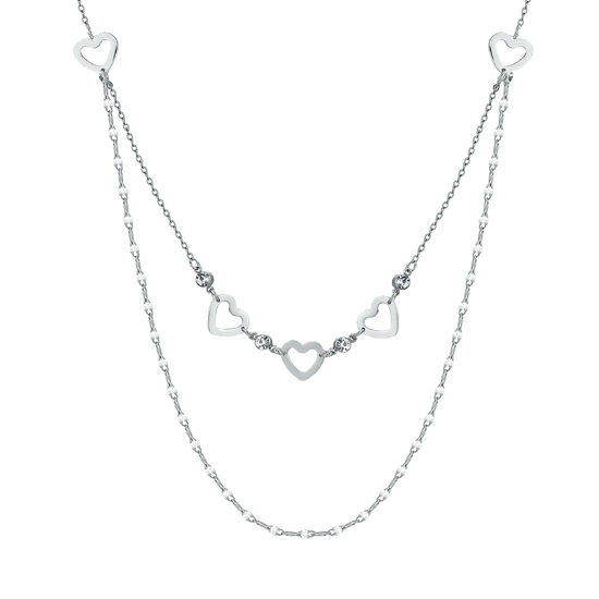 WOMEN'S MULTI-STRAIN NECKLACE IN STEEL WITH OPENWORK HEARTS AND WHITE CRYSTALS