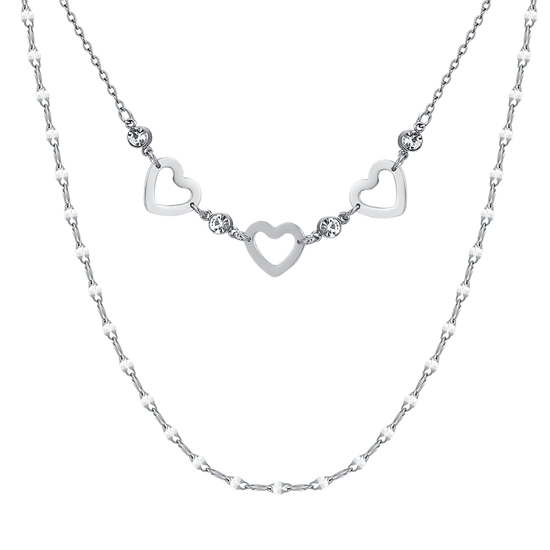 WOMEN'S MULTI-STRAIN NECKLACE IN STEEL WITH OPENWORK HEARTS AND WHITE CRYSTALS
