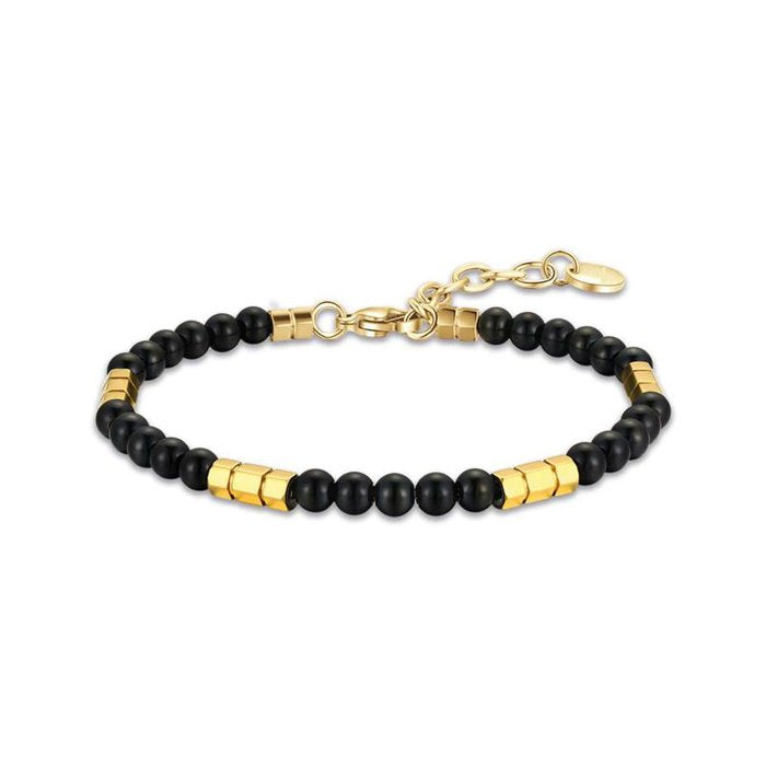 Bracelet en acier avec pierres noires et éléments en acier doré IP
