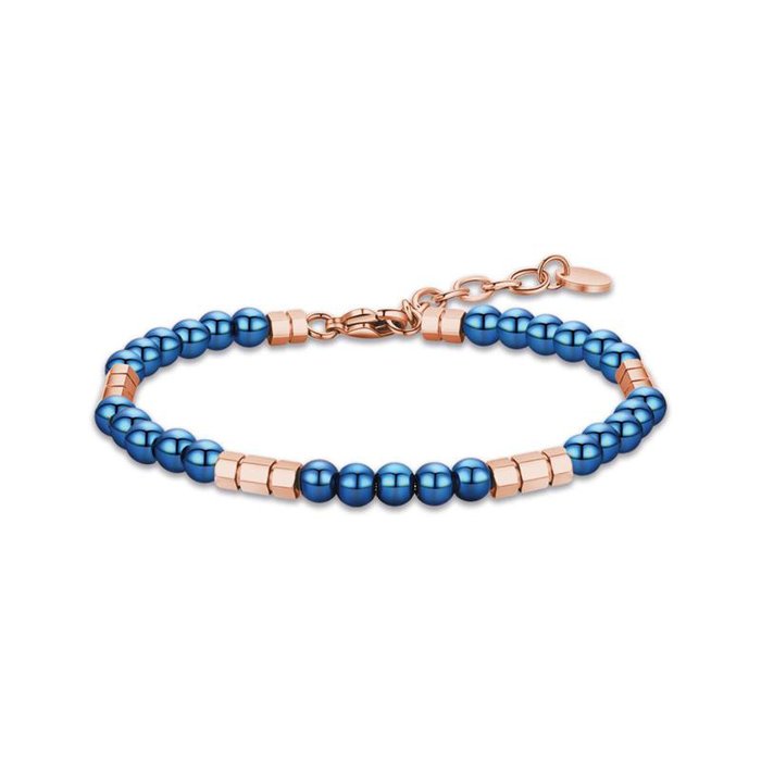Bracelet en acier avec pierres bleues et éléments en acier or rose