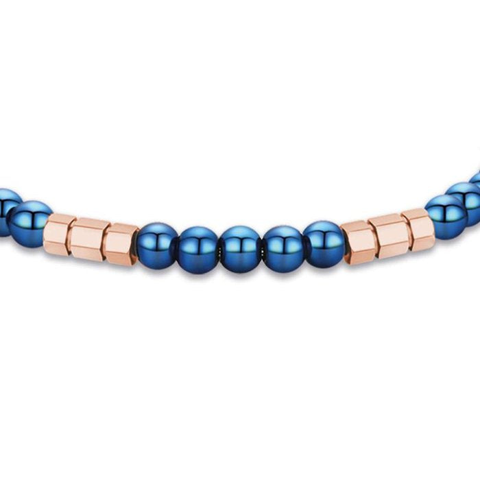 Bracelet en acier avec pierres bleues et éléments en acier or rose