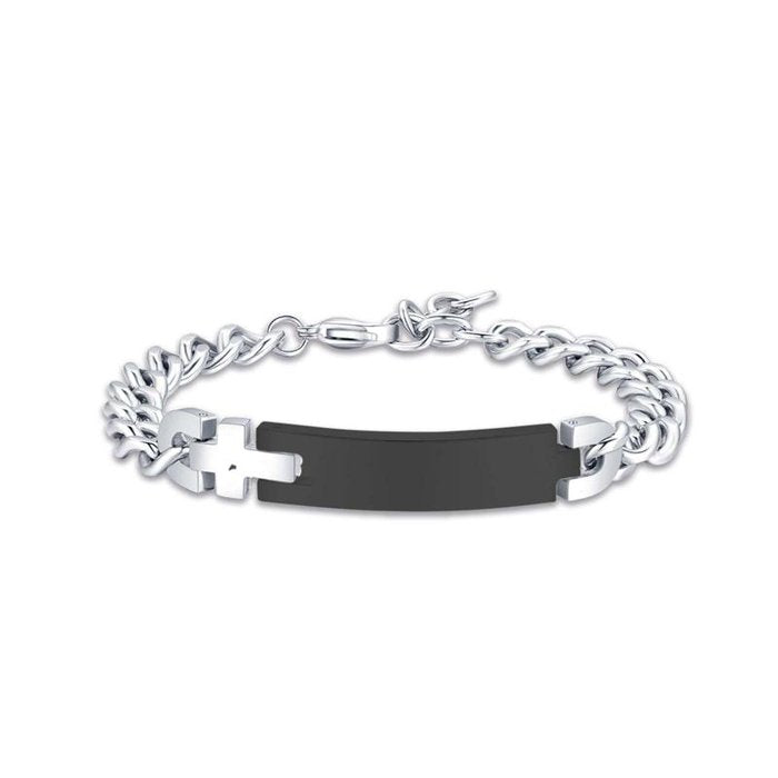 Bracelet en acier avec plaque en acier noir et croix