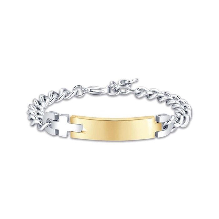 Bracelet en acier avec plaque en acier doré et croix