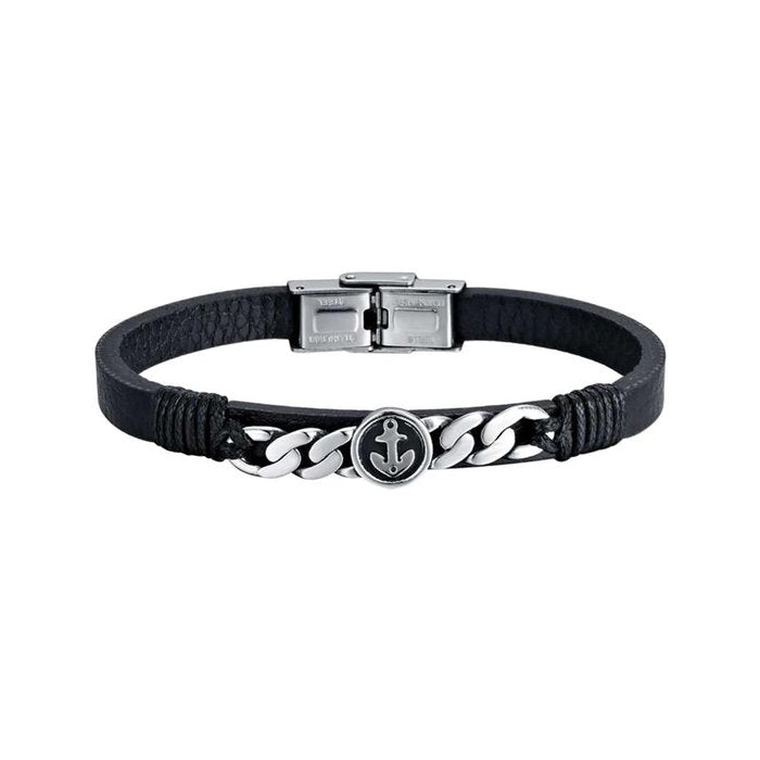 Steel and black leather bracelet with anchor