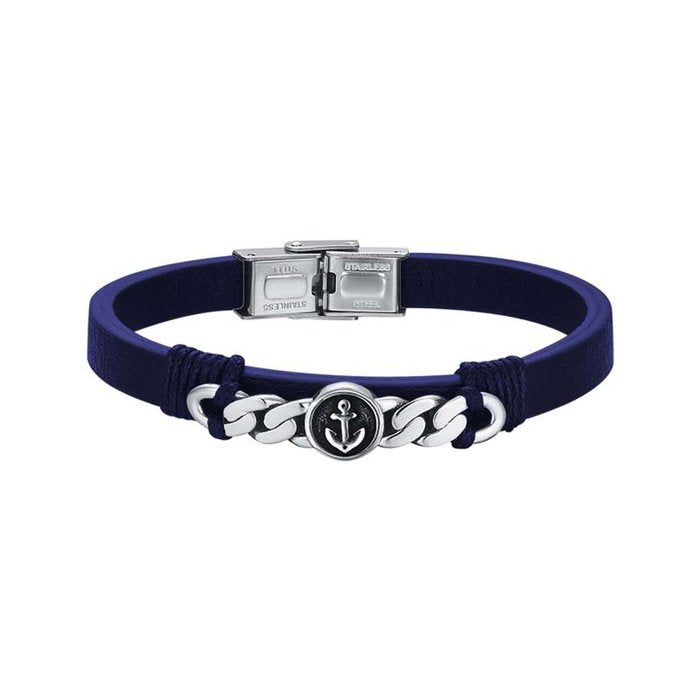 Bracelet en acier et cuir bleu avec ancre