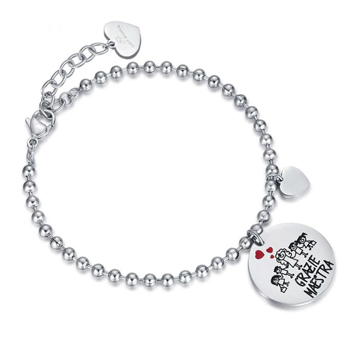 Bracelet en acier avec phrase « Merci professeur »