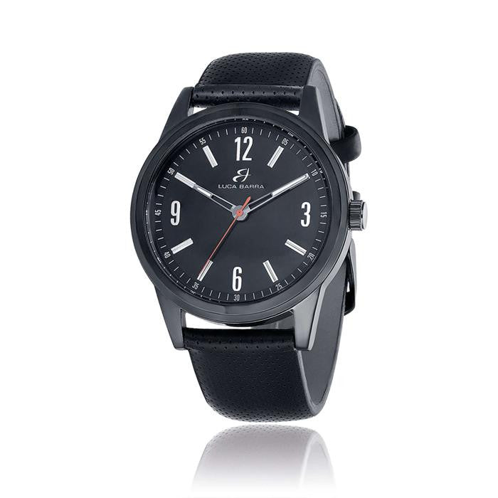 Montre Boîtier en acier IP noir Cadran IP noir Bracelet en cuir noir