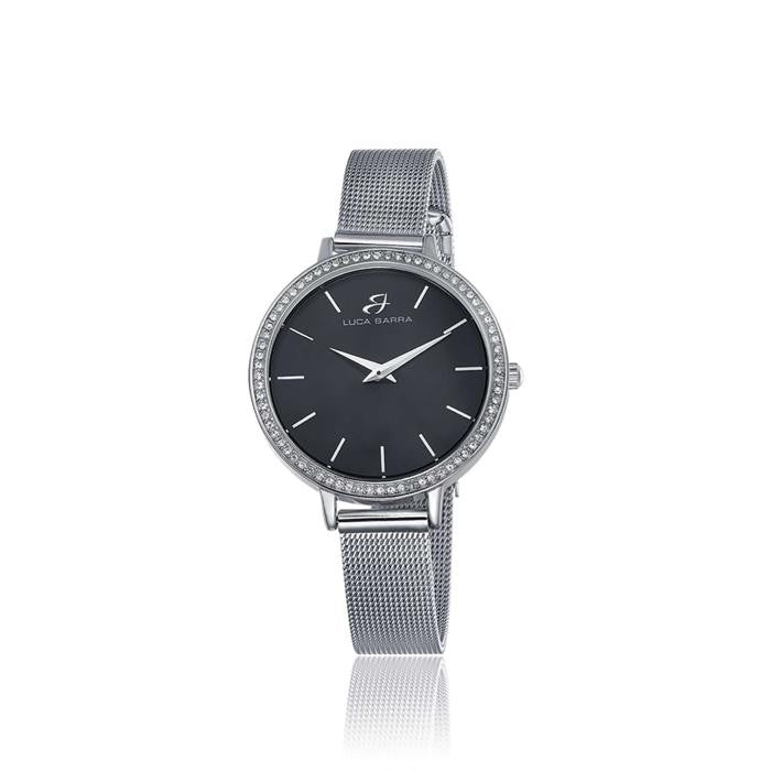 Montre avec boîtier en acier avec cristaux, cadran noir, bracelet en acier