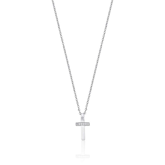Steel Necklace With Cross With White Crystals