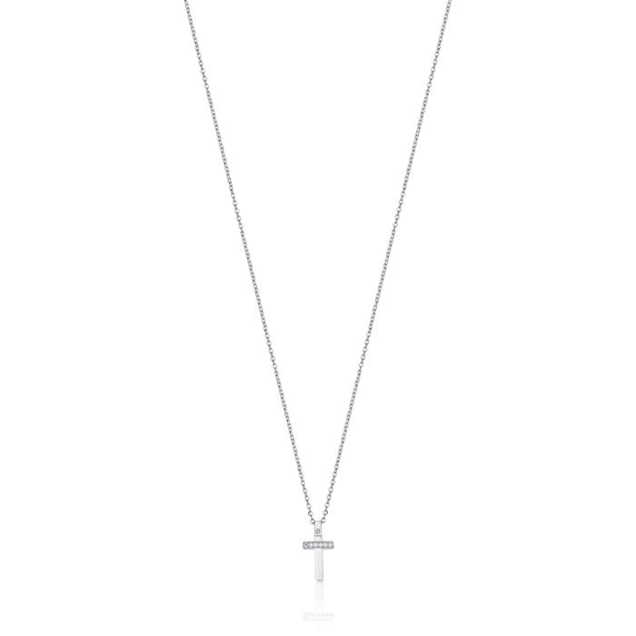Steel Necklace With Cross With White Crystals