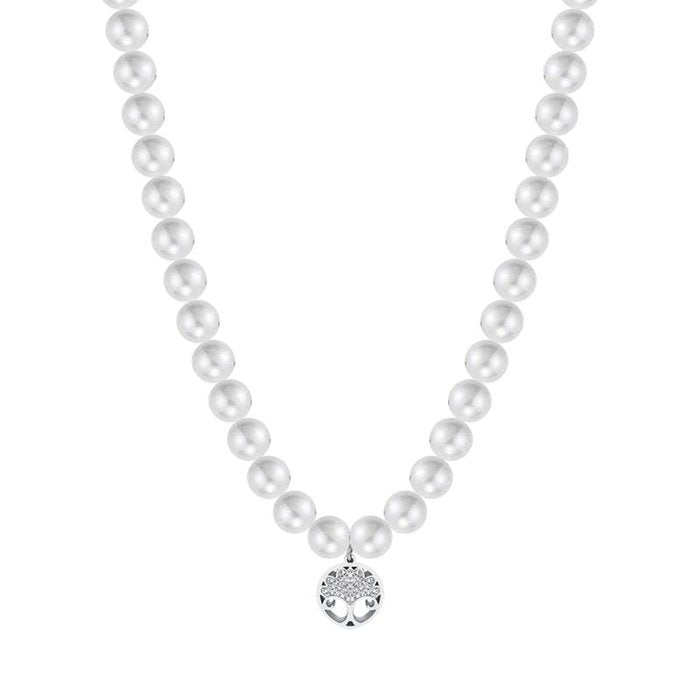 Collier en acier avec perles blanches et arbre de vie