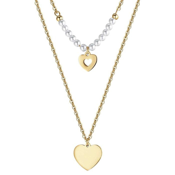 IP gold steel necklace with hearts and white pearls