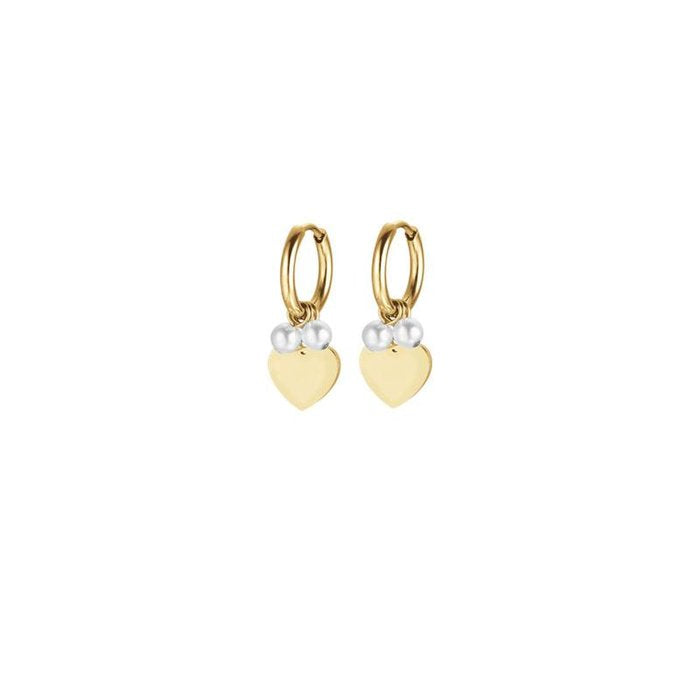 Boucles d'oreilles en acier doré IP avec cœurs et perles