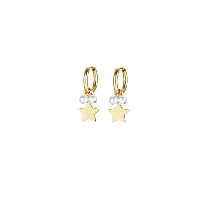 Boucles d'oreilles en acier doré IP avec étoiles et perles blanches