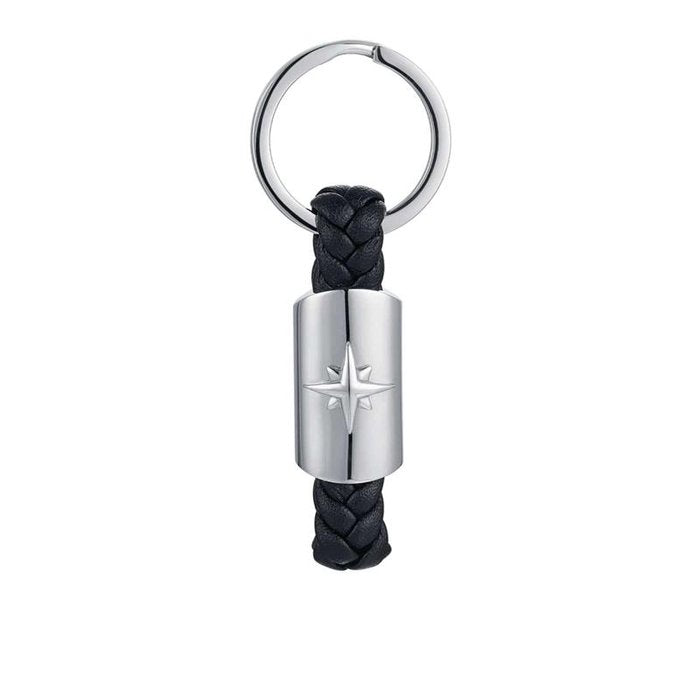 Porte-clés en acier et simili cuir noir avec rose des vents
