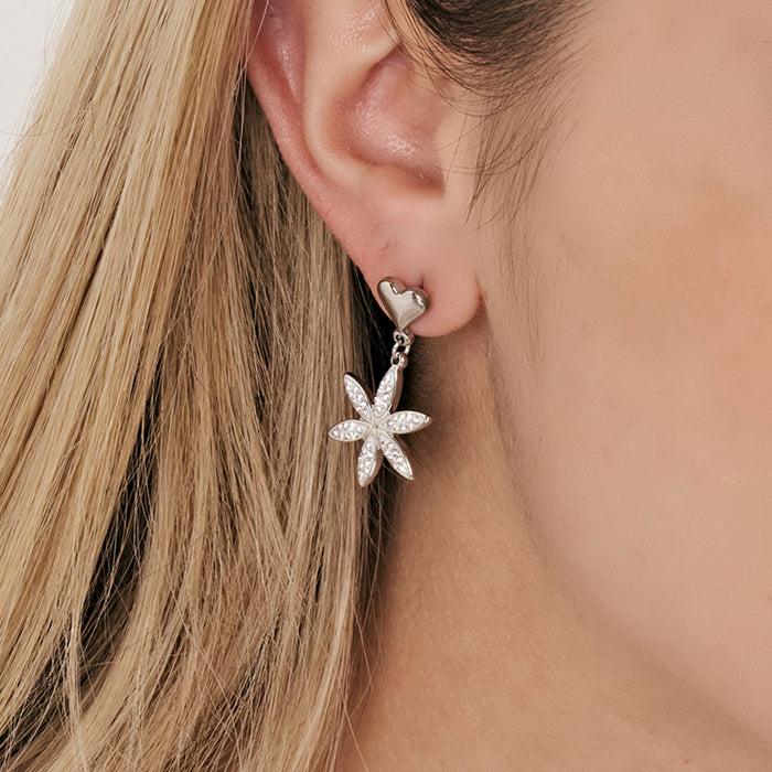 BOUCLES D'OREILLES FEMME EN ACIER AVEC FLEUR DE VIE ET CRISTAUX BLANCS