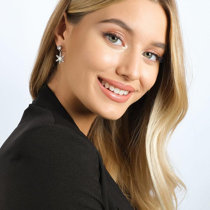 BOUCLES D'OREILLES FEMME EN ACIER AVEC FLEUR DE VIE ET CRISTAUX BLANCS
