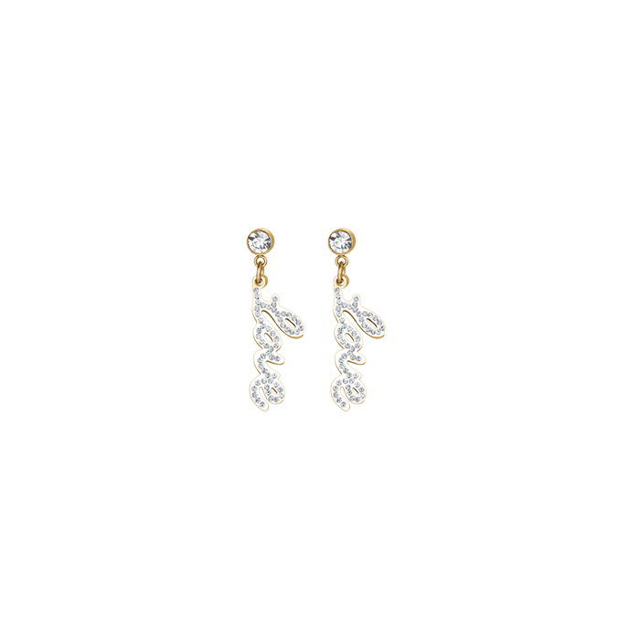 BOUCLES D'OREILLES FEMME EN ACIER DORÉ IP AVEC ÉCRITURE LOVE ET CRISTAUX BLANCS