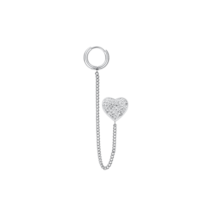 BOUCLE D'OREILLE UNIQUE POUR FEMME EN ACIER AVEC COEUR ET CRISTAUX BLANCS