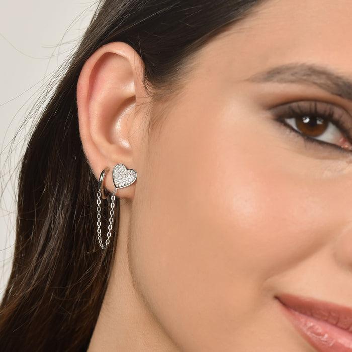 BOUCLE D'OREILLE UNIQUE POUR FEMME EN ACIER AVEC COEUR ET CRISTAUX BLANCS