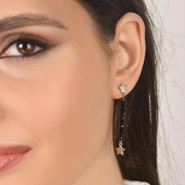 BOUCLES D'OREILLES FEMME EN ACIER AVEC CRISTAUX NOIRS ET ÉTOILES