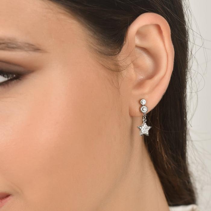 BOUCLES D'OREILLES FEMME EN ACIER AVEC ÉTOILES ET CRISTAUX BLANCS