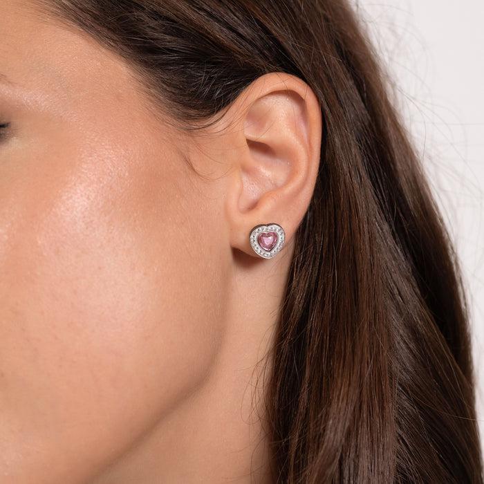 BOUCLES D'OREILLES EN ACIER POUR FEMME AVEC CŒURS EN CRISTAUX ROSES ET CRISTAUX BLANCS