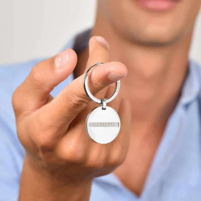 MEN'S STEEL KEY RING WITH CIRCULAR PLATE AND WHITE CRYSTALS