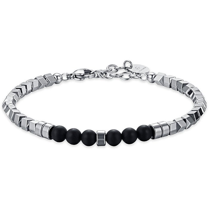 BRACCIALE IN ACCIAIO CON EMATITE SILVER E PIETRE NERE