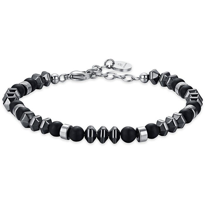 BRACCIALE UOMO IN ACCIAIO CON EMATITE IP GRIGIO PIETRE NERE ED ELEMENTI IN ACC