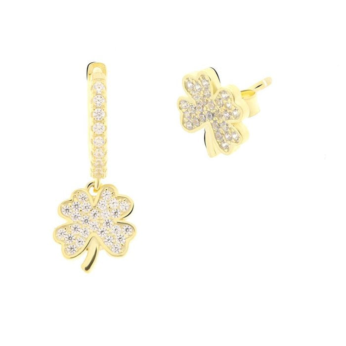 Boucles d'oreilles créoles en argent 925 avec pendentif trèfle à quatre feuilles et zircons blancs