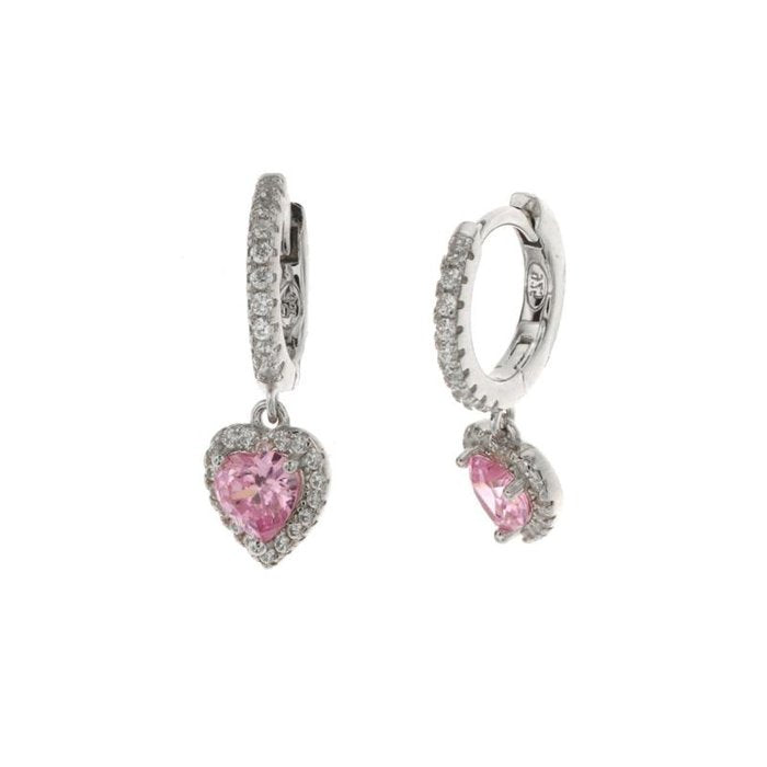 Boucles d'oreilles en argent 925 avec fermoir à pression en zircone et pendentif en forme de cœur avec zircone rose