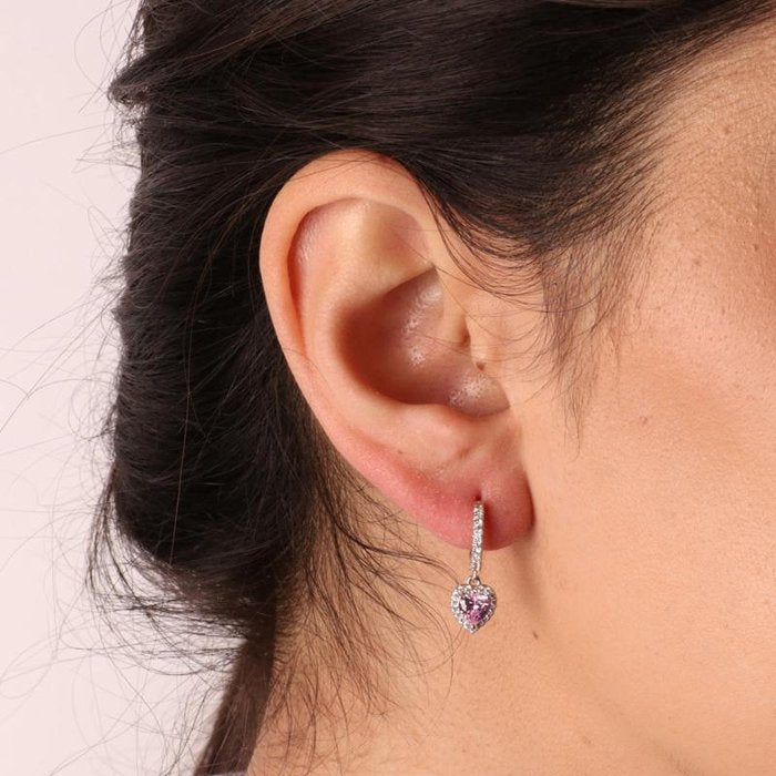 Boucles d'oreilles en argent 925 avec fermoir à pression en zircone et pendentif en forme de cœur avec zircone rose