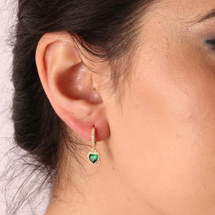 925 Silver Hoop Earrings with Snap Closure Studded with Zirconia and Green Zirconia Pendant Heart