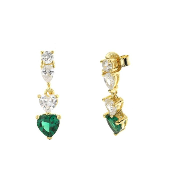 925 Silver Earrings with Zirconia and Pendant Hearts in White and Emerald Green Zirconia