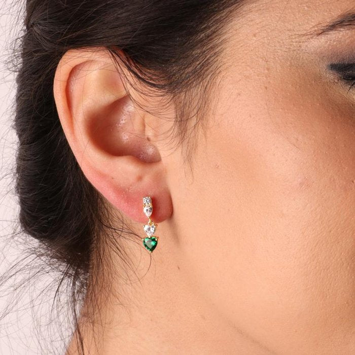 925 Silver Earrings with Zirconia and Pendant Hearts in White and Emerald Green Zirconia
