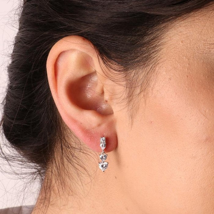 925 Silver Earrings with White Zirconia Heart Pendants