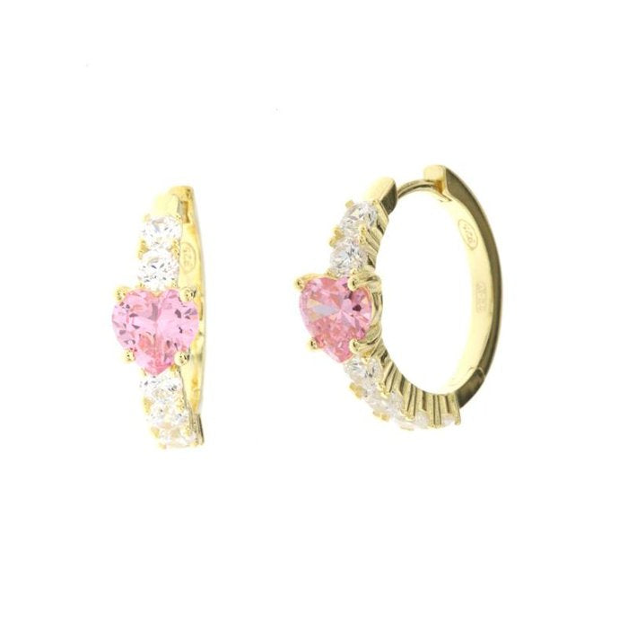 925 Silver Hoop Earrings with Snap Closure with Central Pink Heart-Shaped Zircon Embellished with White Zircons