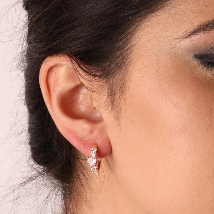 925 Silver Hoop Earrings with Snap Closure with Central Pink Heart-Shaped Zircon Embellished with White Zircons