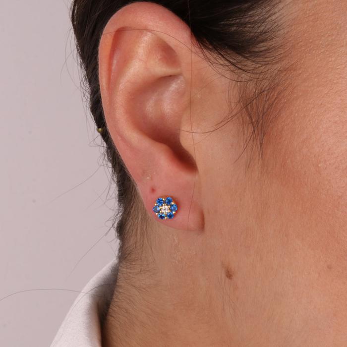 Boucles d'oreilles en argent 925, fleur bleue, points lumineux sur le lobe