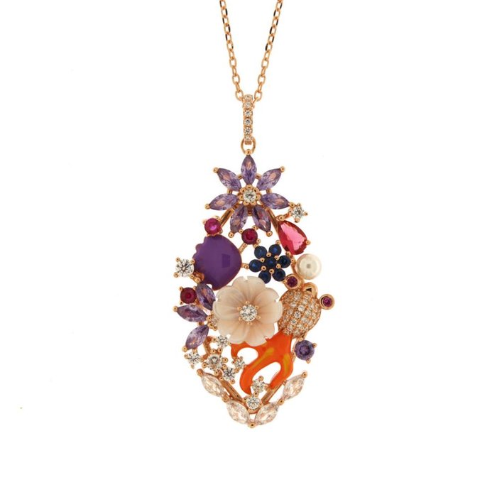 Collier pendentif ovale en argent 925 avec zircones blanches, fleurs en nacre et perles de rivière